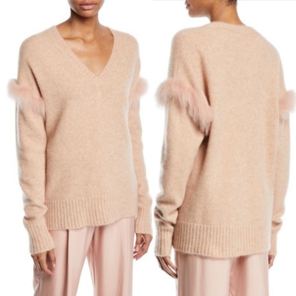 LAPOINTE Fox Fur Trim V Neck Cashmere Silk Pullover Sweater M/L - Picture 6 of 11